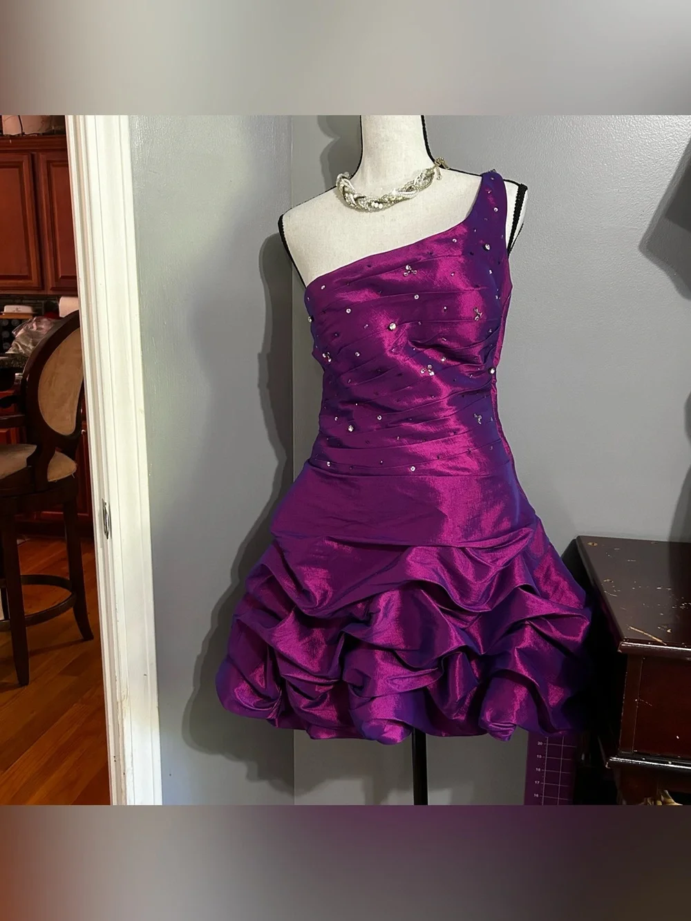 Fiesta Plum Party Dress Small One Shoulder Ruffled Skirt mini Ruched Jeweled - Picture 1 of 9